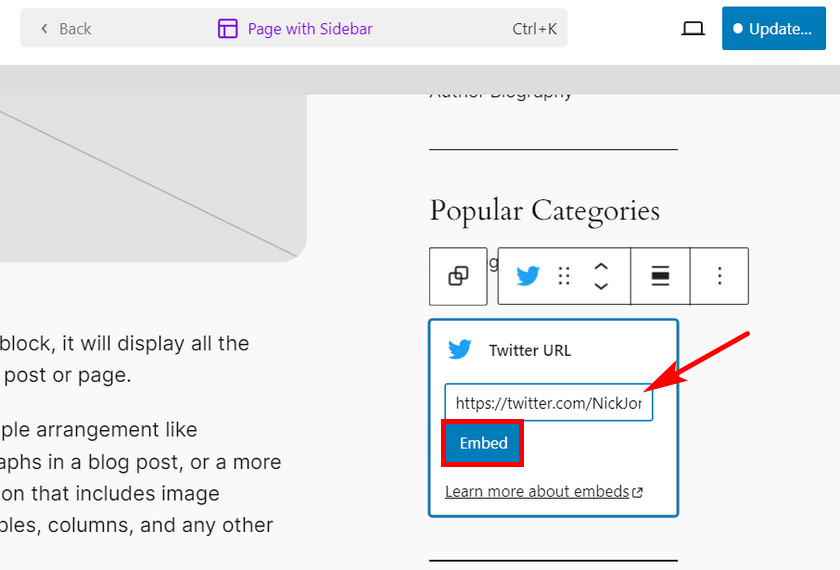 incrustar la URL del perfil de Twitter en la barra lateral: muestra los tweets recientes en WordPress