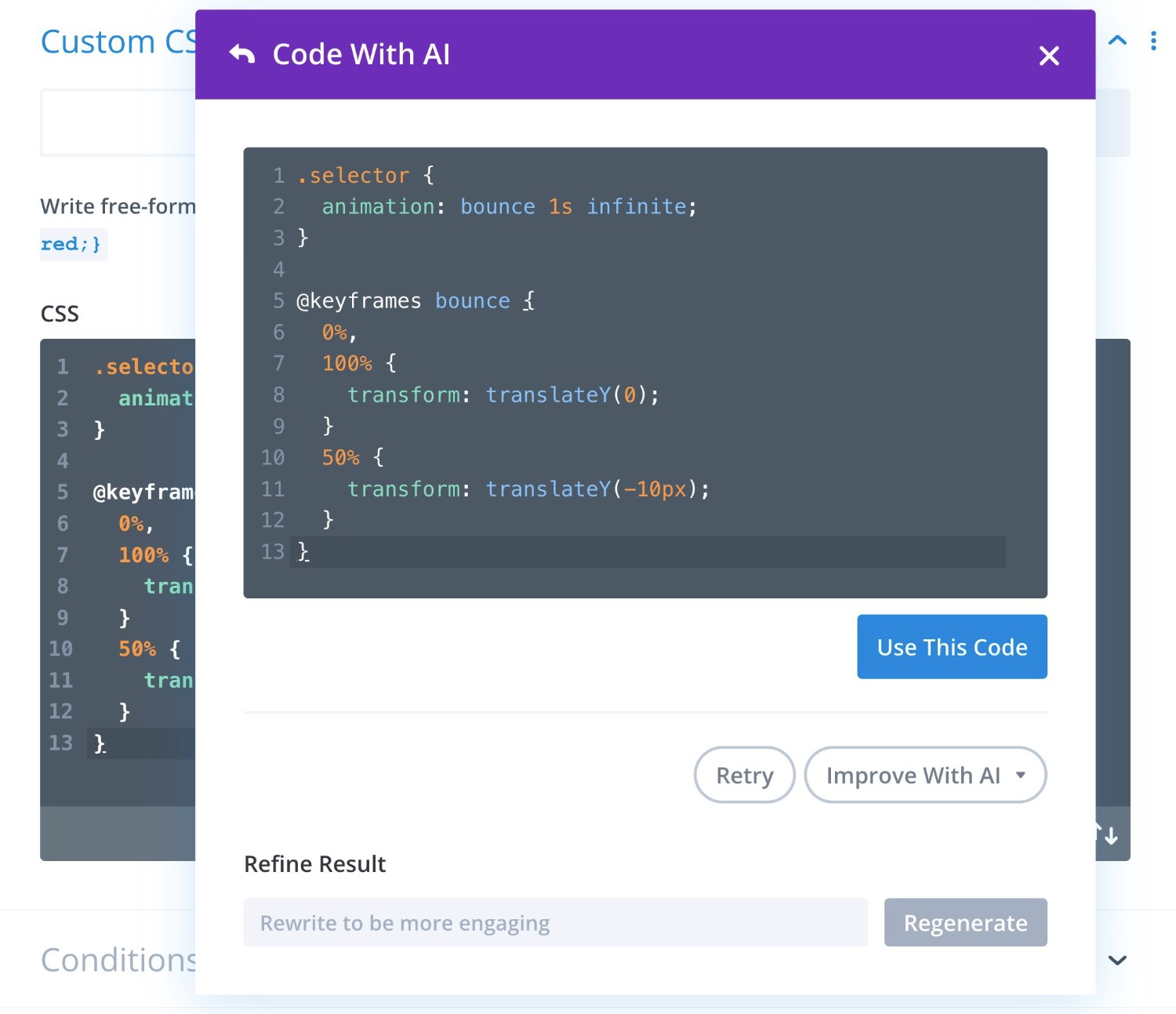 Resultados del código de ejemplo CSS personalizado de Divi AI