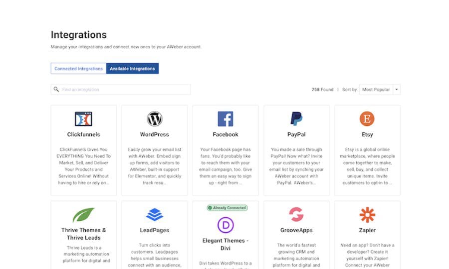 Liste d'intégrations AWeber avec Divi