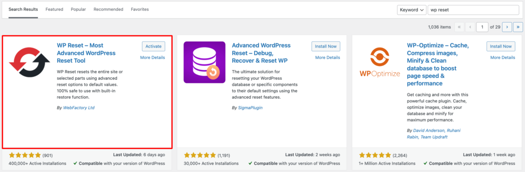 これは WP Reset プラグインをインストールするためのスクリーンショットです