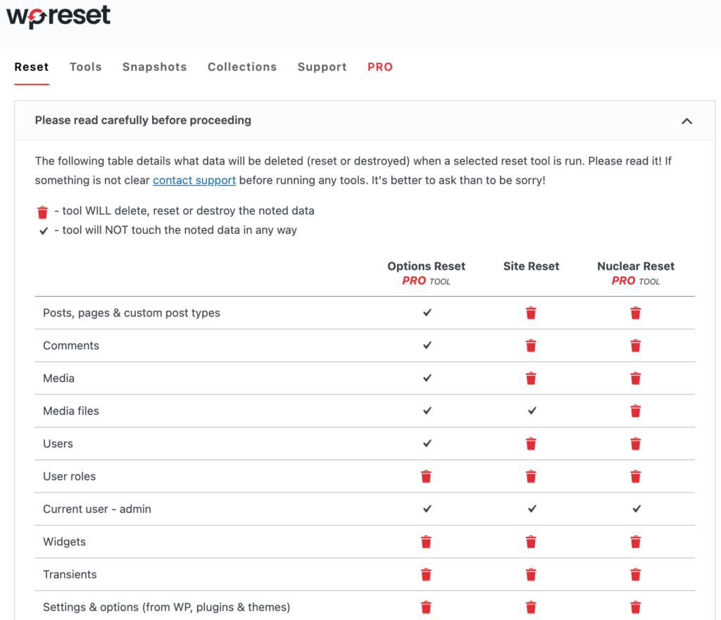 Ini adalah tangkapan layar yang menunjukkan opsi pengaturan reset wp