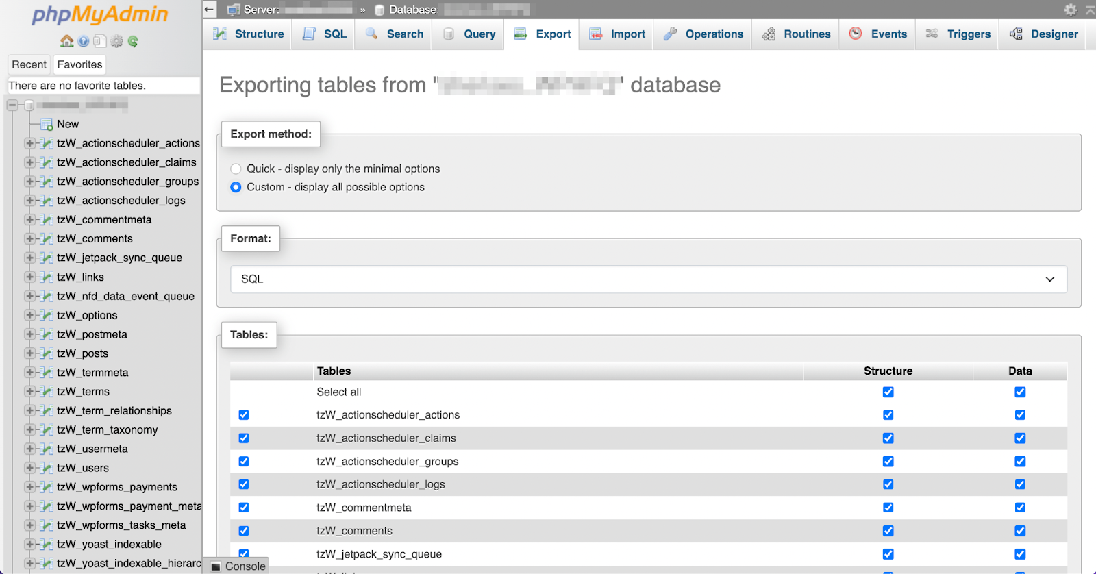 esportare una tabella di database