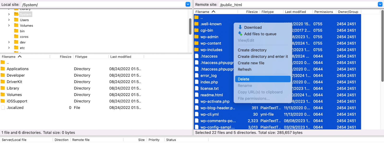 การลบไฟล์ออกจาก FileZilla