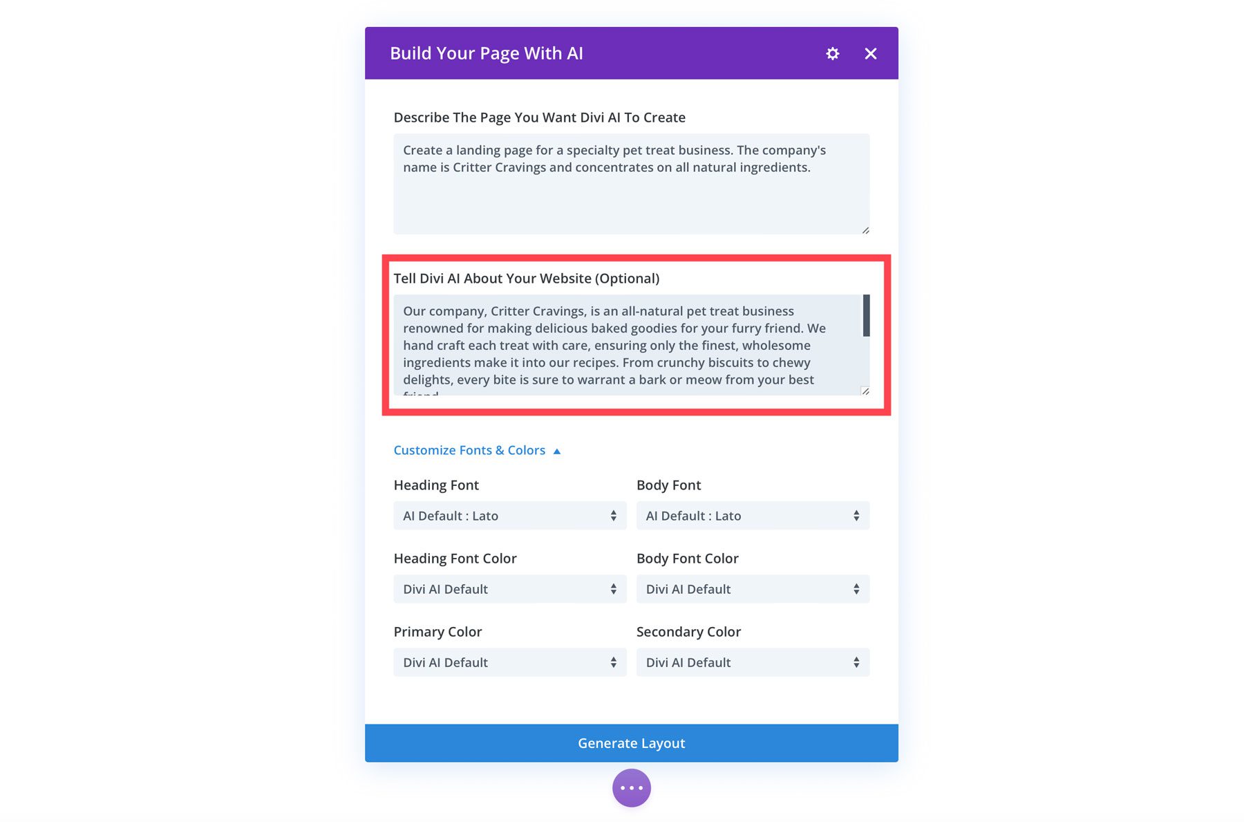 Divi Layouts AI optionales Feld