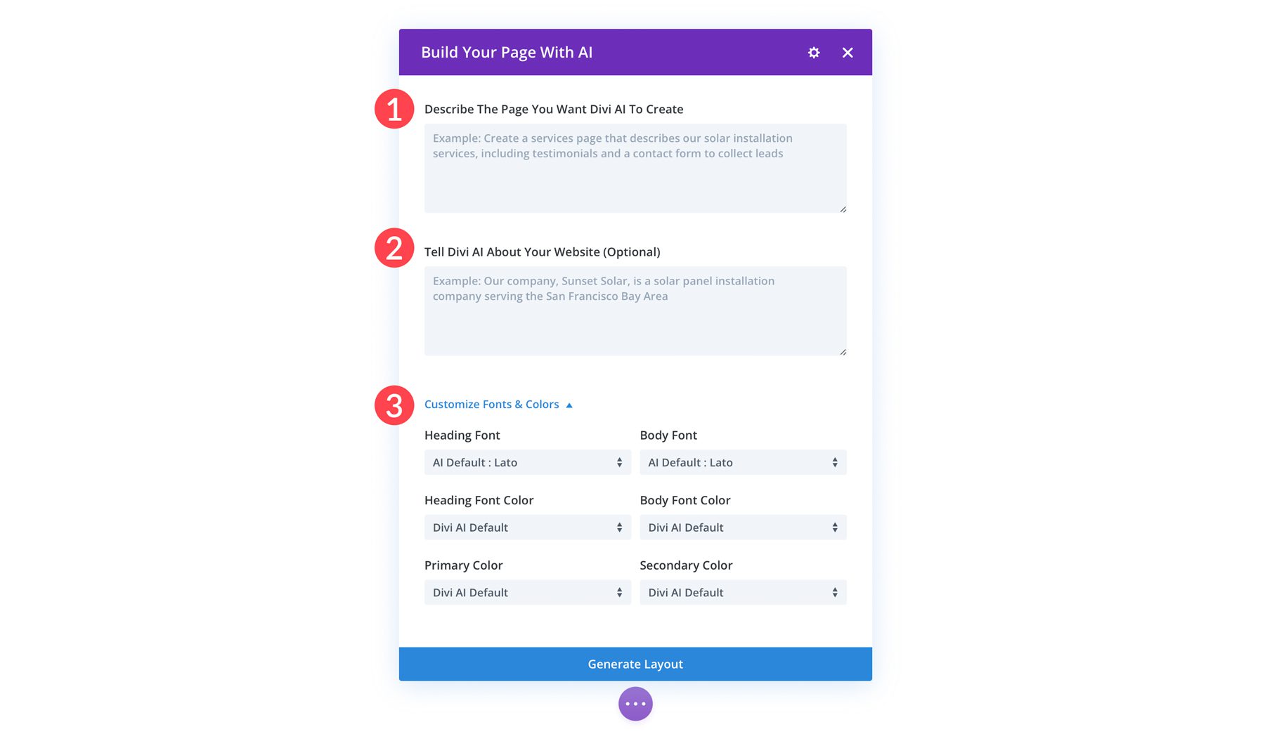 Divi Layouts AI kılavuz seçenekleri