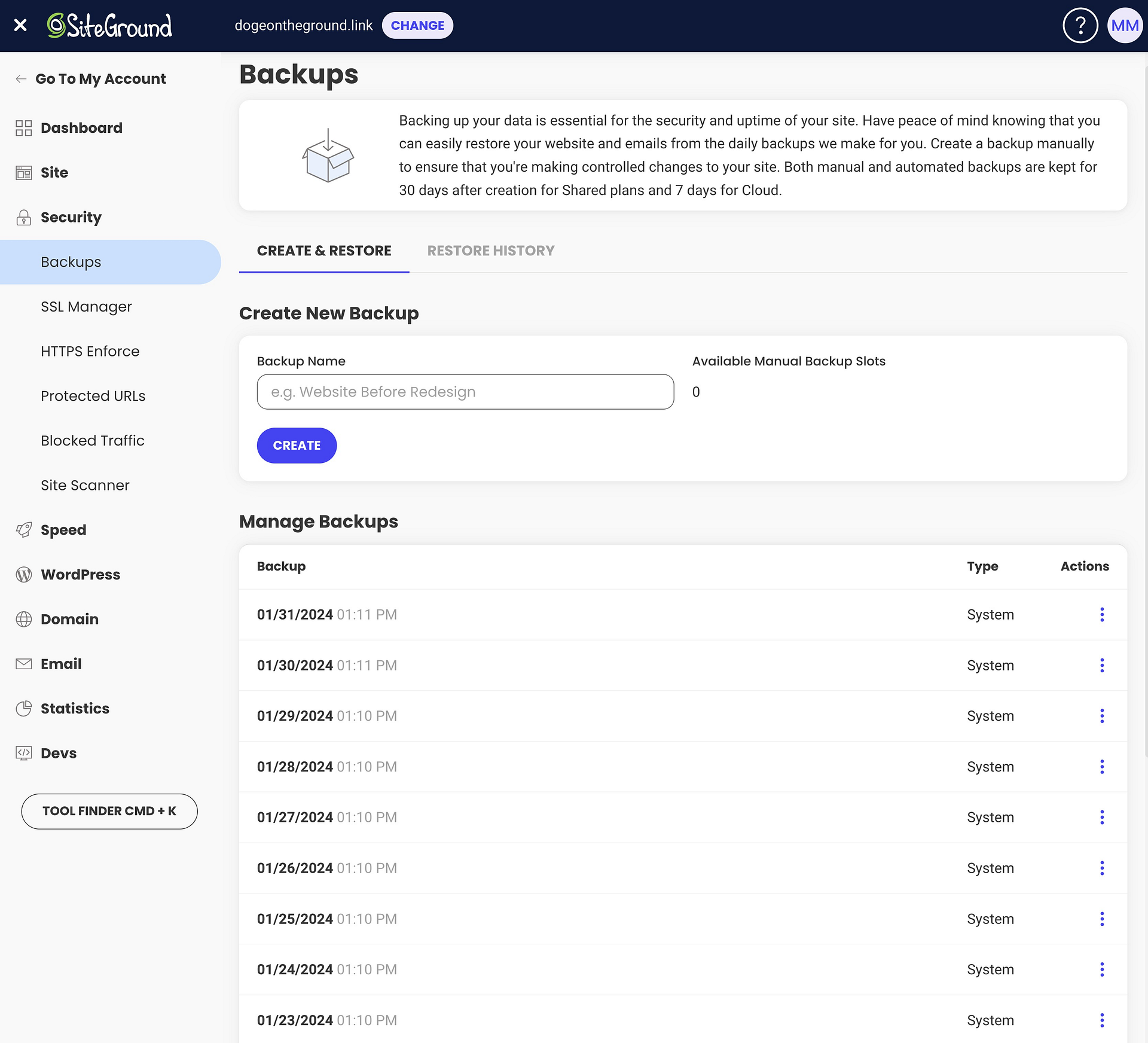 Strumento di backup di SiteGround.