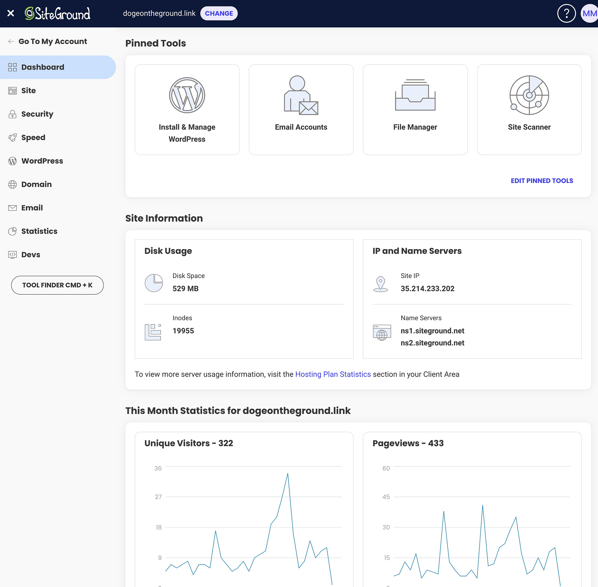 Pannello di controllo degli strumenti del sito SiteGround.