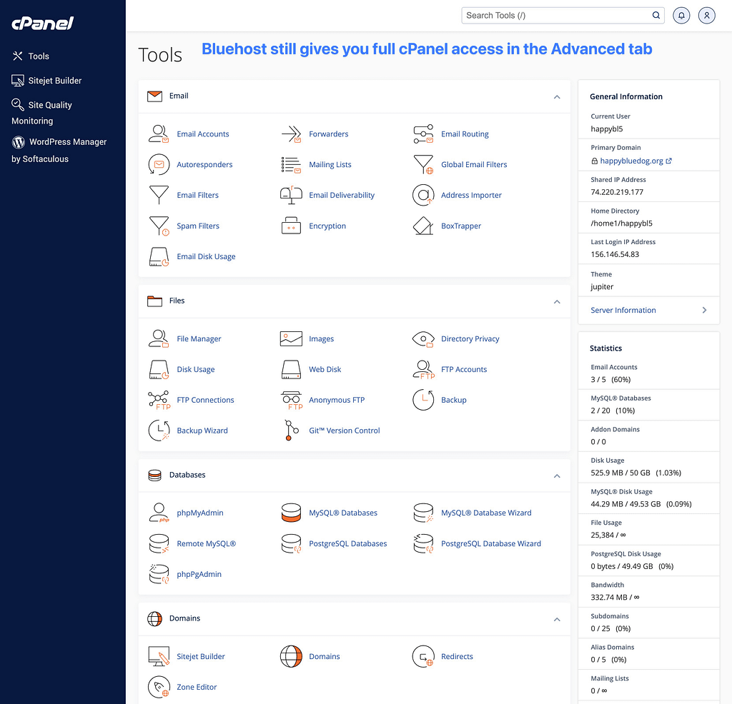 Akses cPanel penuh Bluehost.