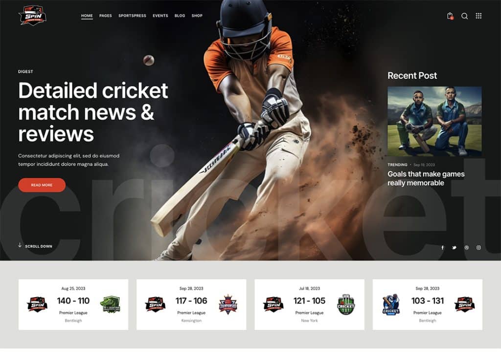 Spin - Tema de WordPress para deportes de equipo de críquet