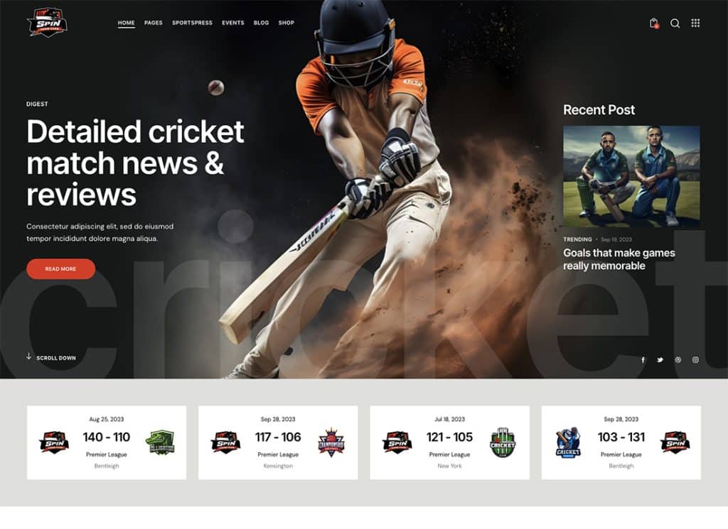 Spin - ธีม WordPress กีฬาทีมคริกเก็ต