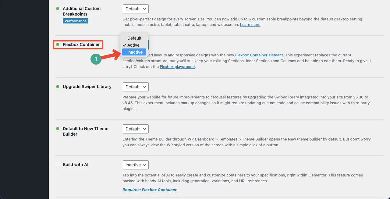 Jak naprawić brakujący widżet sekcji wewnętrznej Elementora 5 Deactivate the Flexbox Container Option