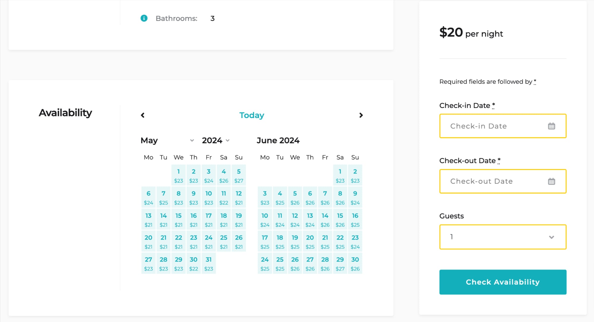 Interface de preços do calendário de reserva de hotel.