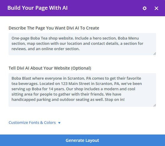 Avisos de Boba Blast: Divi Layouts AI solicita secciones específicas