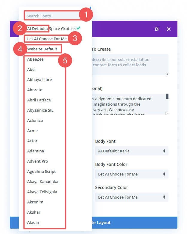 Opciones de fuente y tipografía AI de Divi Layouts: elija fuentes para el encabezado y el cuerpo