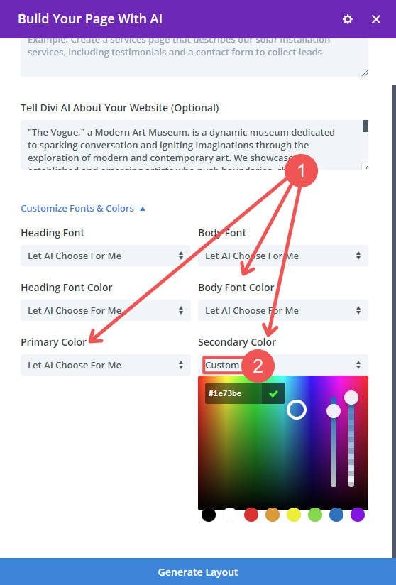 เลือกสีแบบอักษรและสีเน้น - Divi Layouts AI