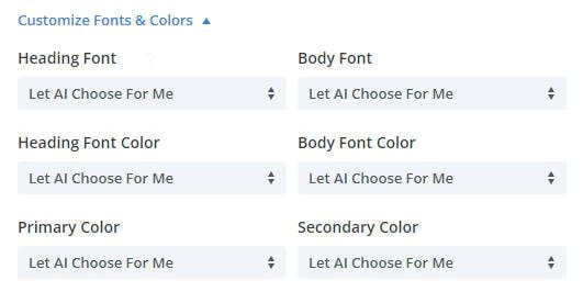 Opțiuni de selecție a fonturilor și a culorilor - Divi Layouts AI