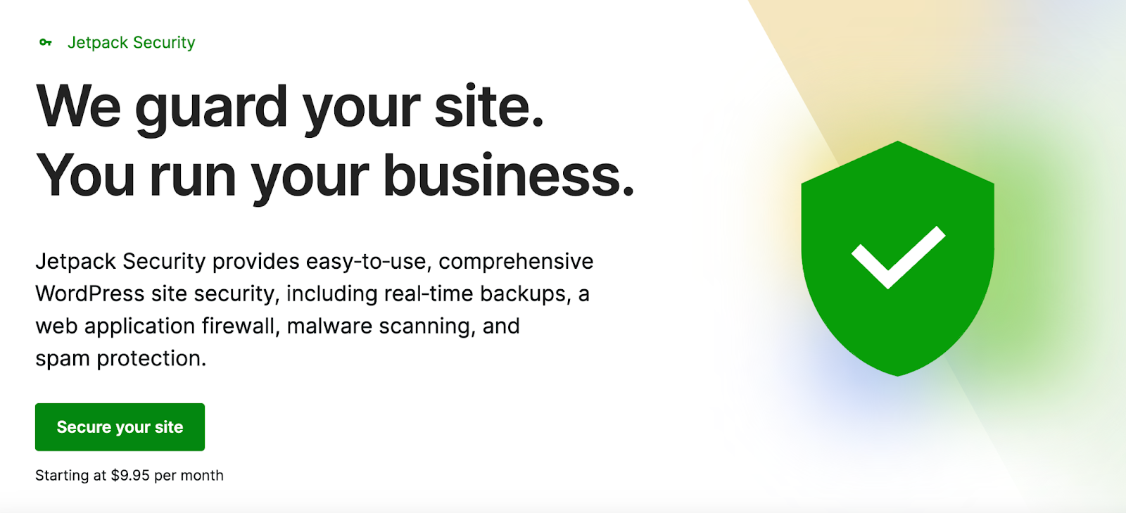Jetpack Security 为您的 WordPress 网站提供全面的保护，包括实时备份、恶意软件扫描、垃圾邮件防护等。