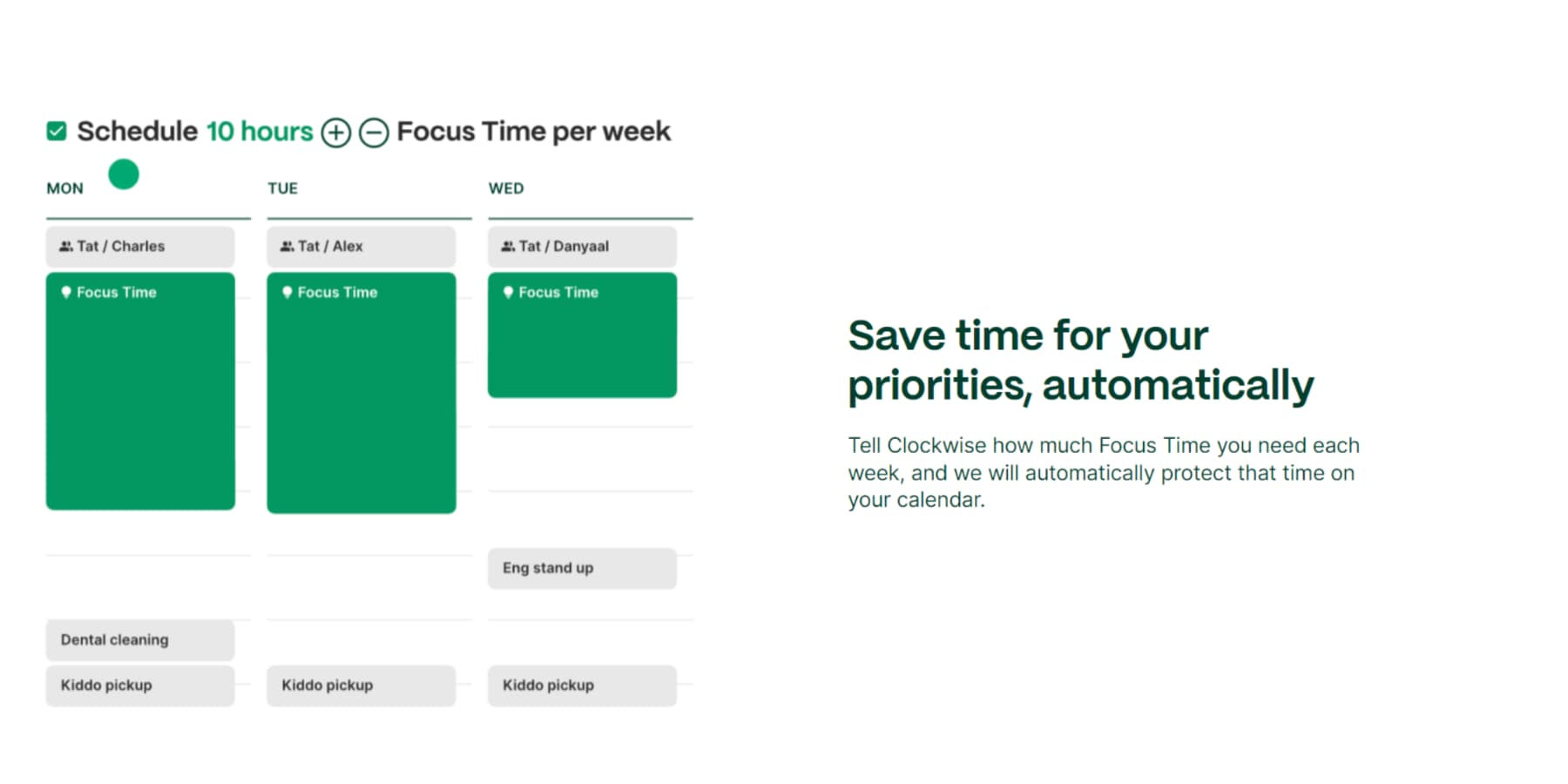 웹사이트에 있는 Clockwise의 집중 시간 예약 기능 스크린샷