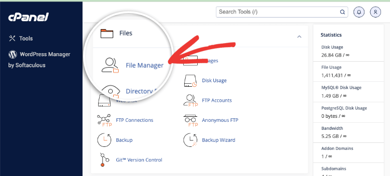 Manager de fișiere în cpanel
