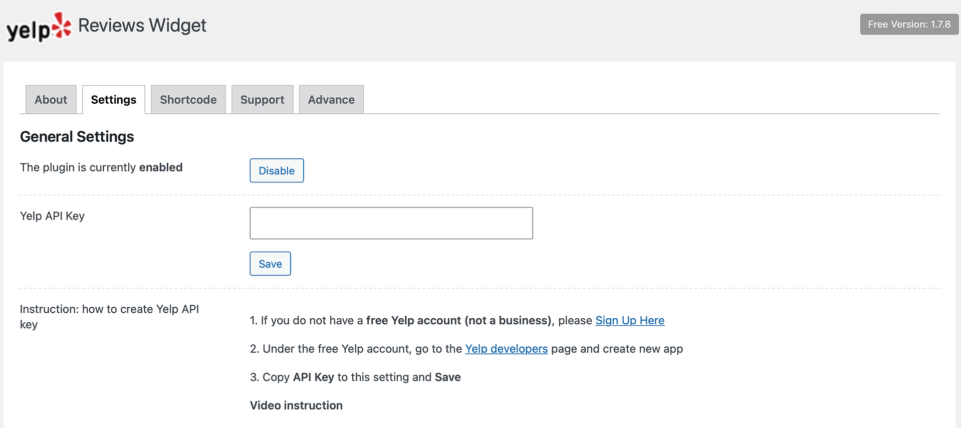 WordPress Yelp 플러그인 설정에 API 키를 입력하세요.
