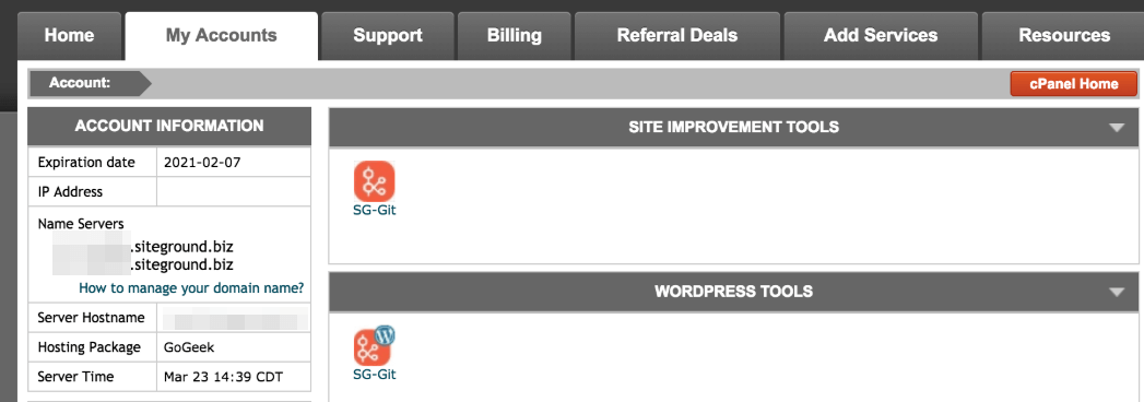 Le back-end SiteGround.
