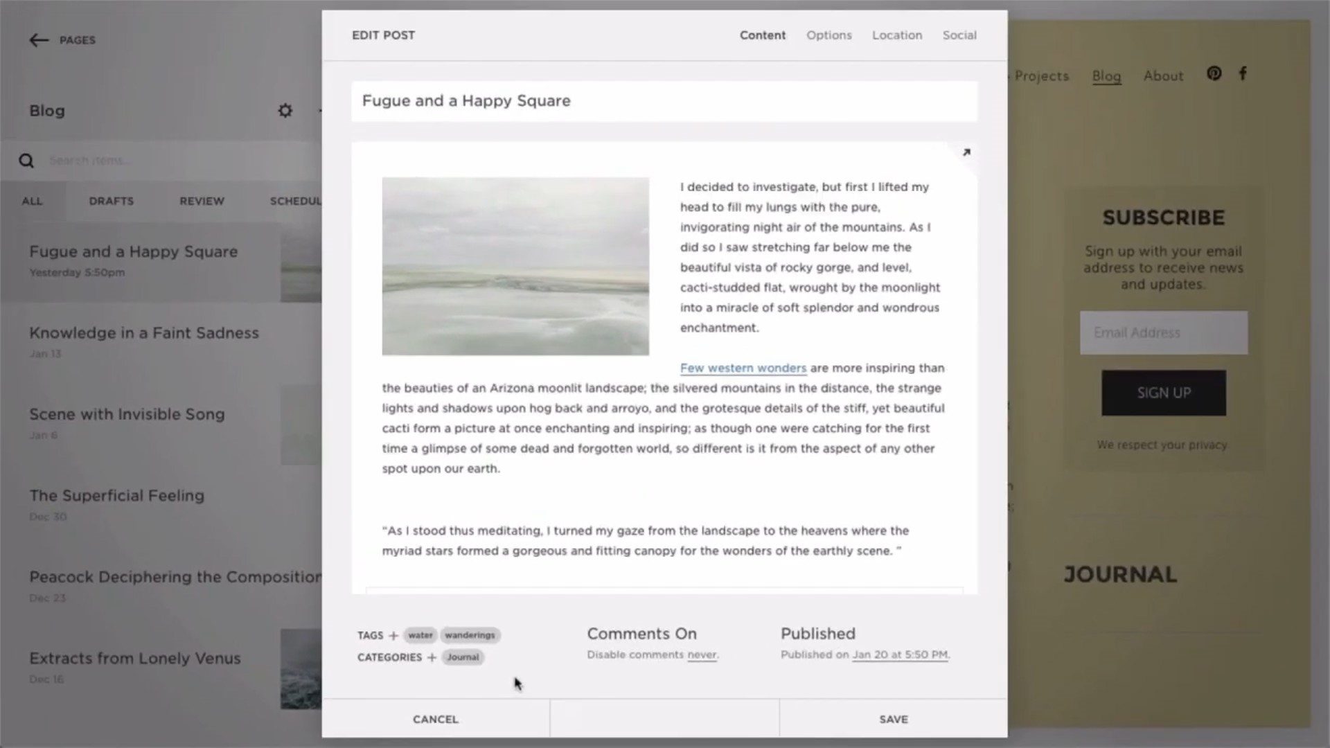 Редактор блога Squarespace с тегами, категориями и комментариями