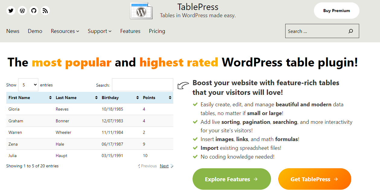 TablePress est un plugin de table WordPress complet doté de tri en direct, de pagination, de fonctionnalités de recherche et d'autres fonctionnalités.