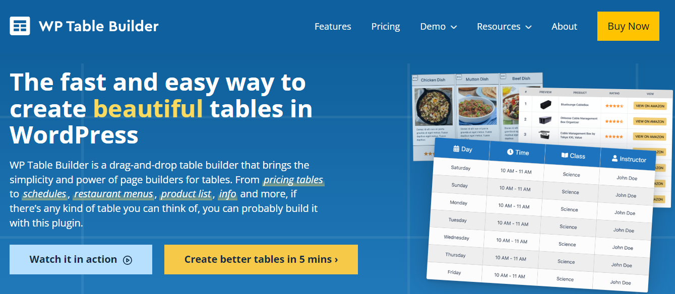 Vous pouvez utiliser WP Table Builder pour créer des tableaux de prix, des menus de restaurant, des horaires de cours, etc.