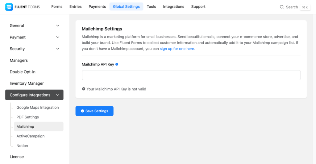提供 Mailchimp 的 API 密钥