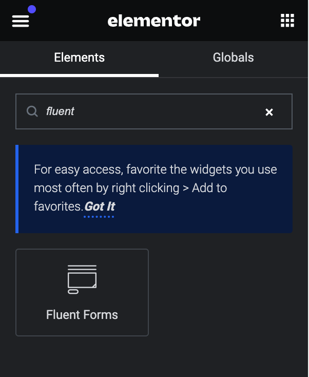 在 Elementor 中查找 Fluent Forms 小部件