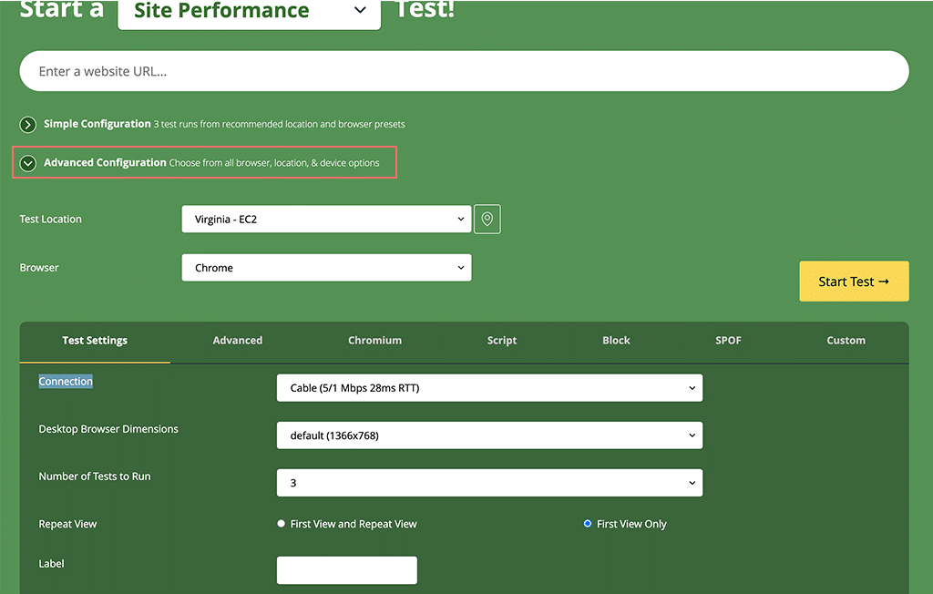 WebpageTest: Analiza la velocidad y el rendimiento del sitio web 4 WebpageTest Advanced Configuration
