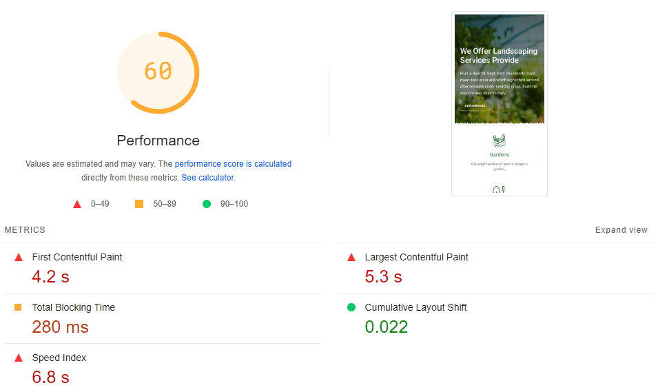 ผลลัพธ์ PageSpeed Insights โดยไม่มี WP Rocket