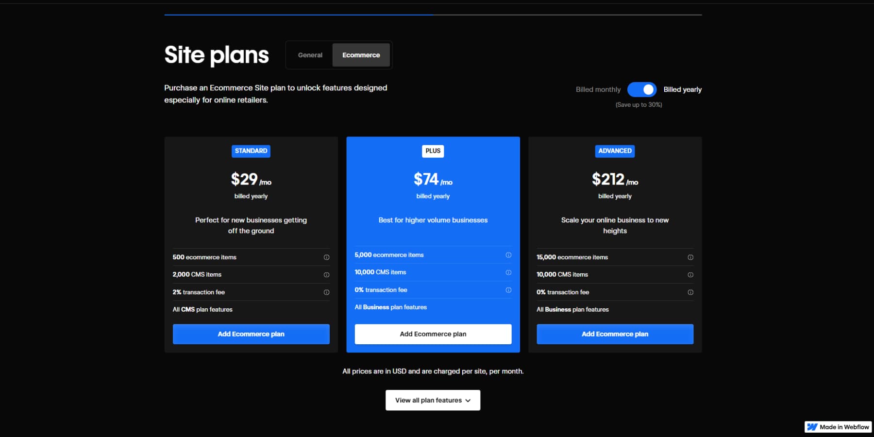 Tangkapan layar Harga eCommerce Webflow