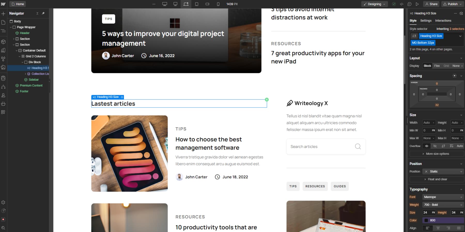 Tangkapan layar Antarmuka Pengguna Webflow