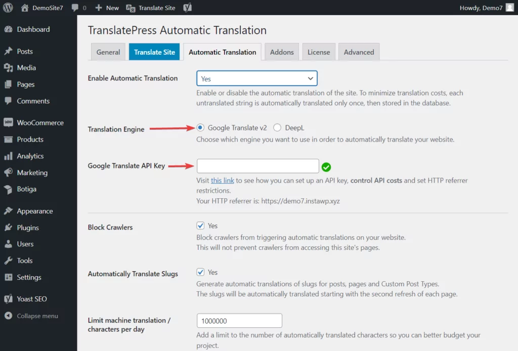 Clé API du moteur de traduction Translatepress