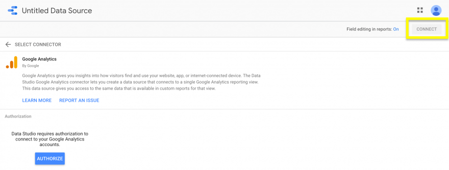 أزرار التفويض والاتصال لمصدر بيانات جديد في Google Data Studio.