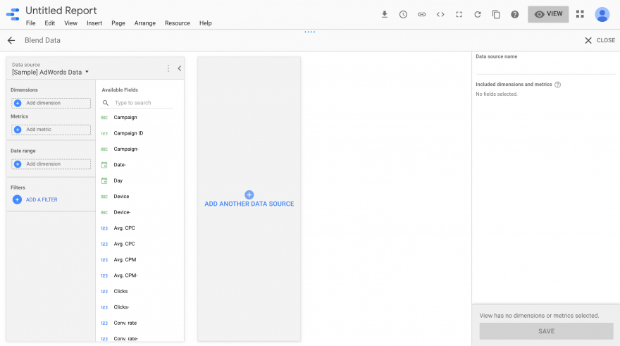 وظيفة مزج البيانات في Google Data Studio.