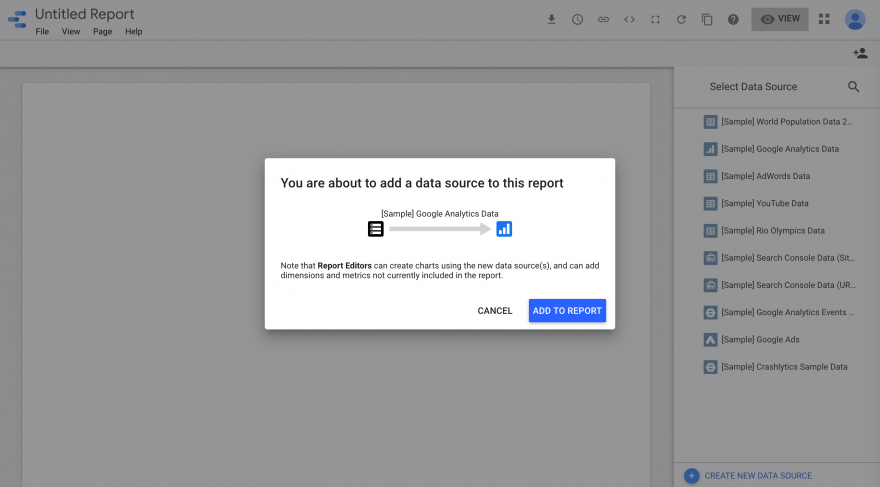 إضافة مصدر بيانات إلى تقرير جديد في Google Data Studio.