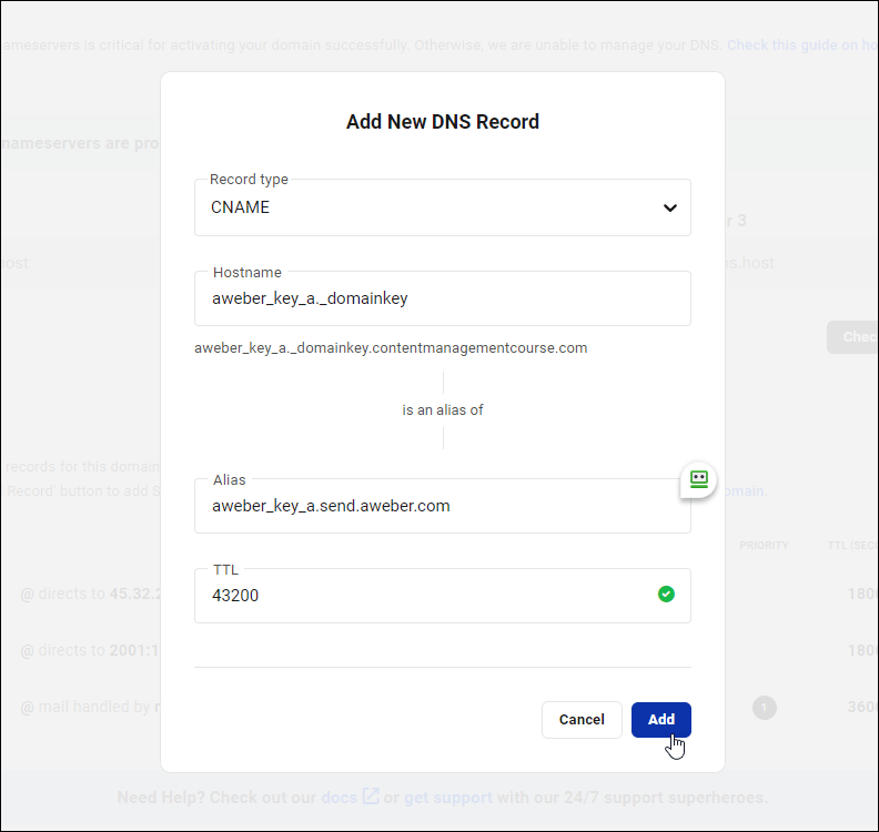 Tela Adicionar novo registro DNS com CNAME selecionado no campo Tipo de registro e registro de nome de host colado em