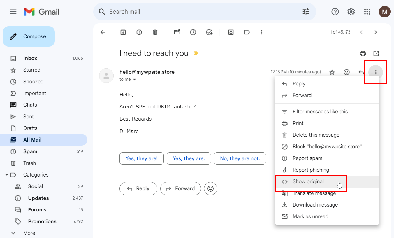 Gmail - mostra a opção de menu original selecionada.