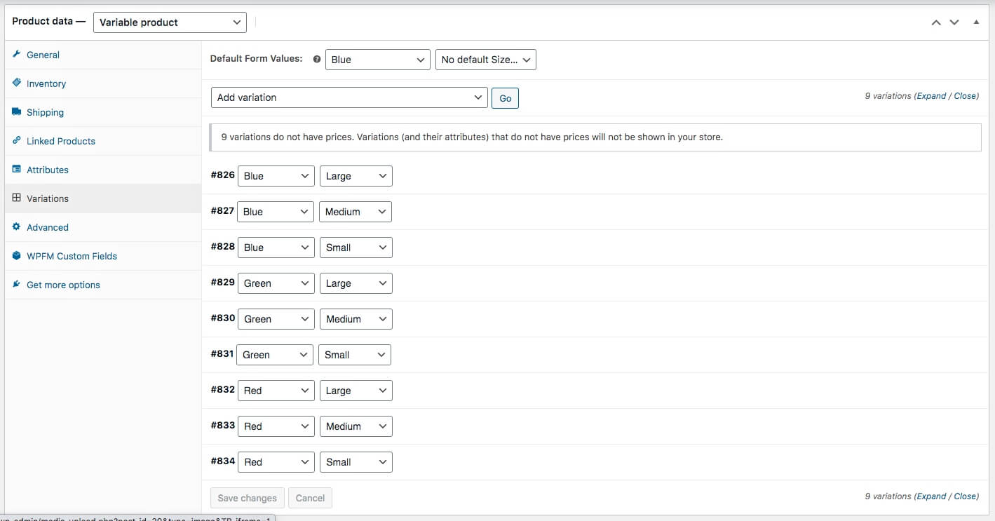 สร้างตัวแปร-สร้างตัวแปร-เพิ่มหลายรายการ - สำหรับผลิตภัณฑ์ตัวแปร WooCommerce