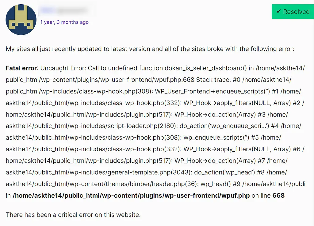 "치명적인 오류"로 인해 WordPress 업데이트 후 누군가의 사이트가 중단되는 것에 대한 WordPress 포럼 게시물