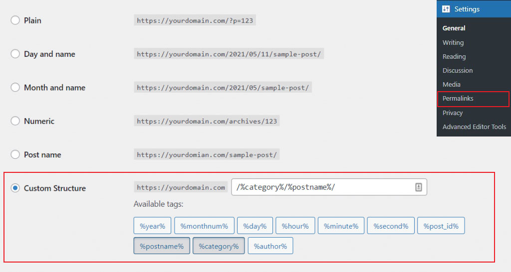 WordPress 中的固定連結設置