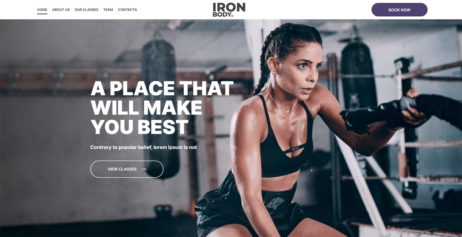 현대적인 체육관 웹사이트 디자인을 제공하는 WordPress 테마인 IronBody의 사진.
