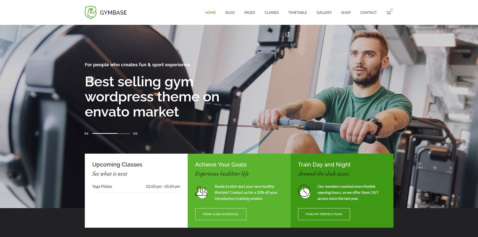 효율적이고 편집하기 쉬운 체육관용 WordPress 테마인 GymBase의 시각적 이미지입니다.