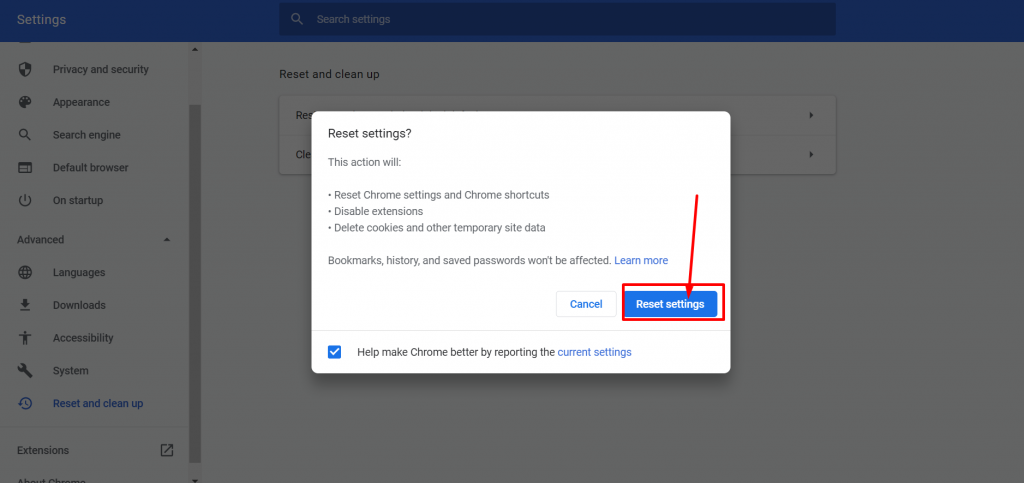 Comment réparer ERR_TUNNEL_CONNECTION_FAILED rapidement ? 16 Reset settings in Chrome to default