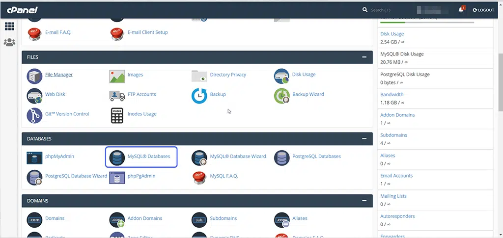 WordPress Manuel Olarak Nasıl Kurulur? (2024 Kılavuzu) 21 MySQL database Option in cPanel
