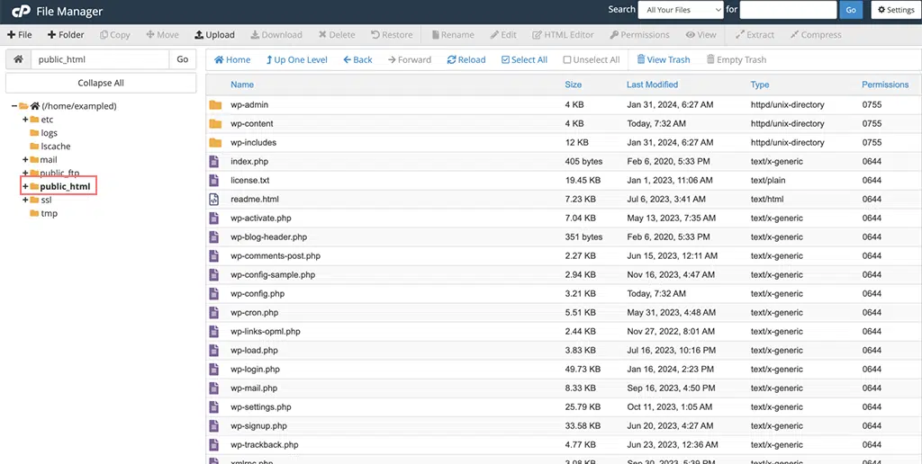 WordPress Manuel Olarak Nasıl Kurulur? (2024 Kılavuzu) 28 public_html folder in File manager