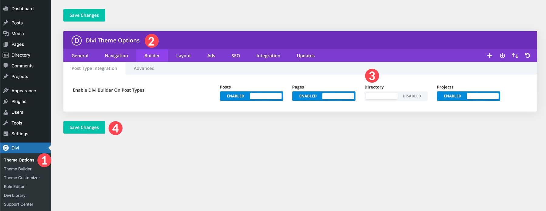 özel gönderi türleri için Divi Builder'ı etkinleştirin