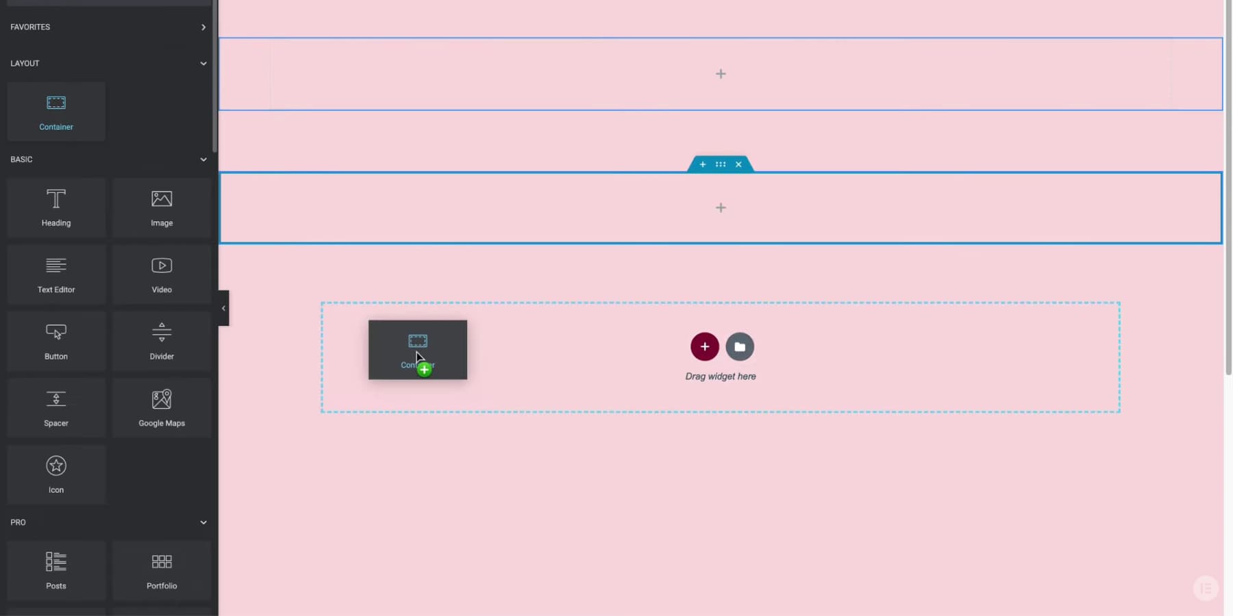將 Elementor 的 Flexbox 容器新增至畫布的螢幕截圖